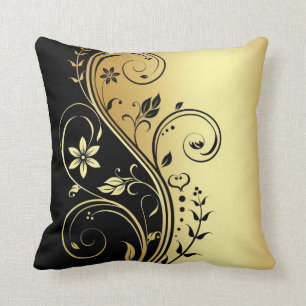Elegant Gold Floral Scroll Black Pillow Kussen