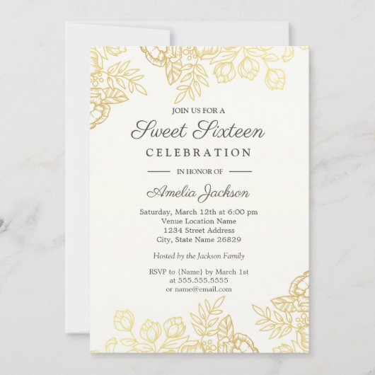 Elegant Gold  Floral Sweet Sixteen Invite Kaart (Voorkant)