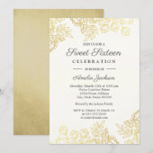 Elegant Gold  Floral Sweet Sixteen Invite Kaart (Voorkant / Achterkant)