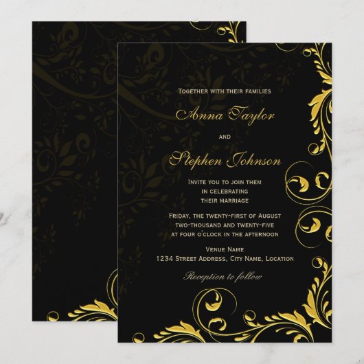 Elegant Gold Floral Swirls Invitation Kaart (Voorkant / Achterkant)