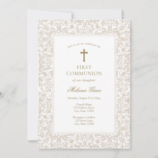 Elegant Gold Floral Traditional First Communion  Kaart (Voorkant)