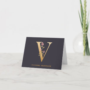 Elegant Gold Floral V Monogram afbeelding op maat Notitiekaartje