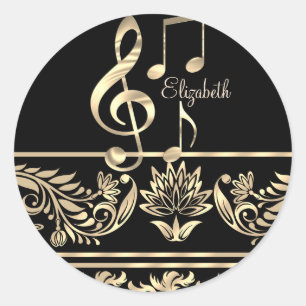 Elegant Gold Floral, Violin Key, Opmerking Ronde Sticker