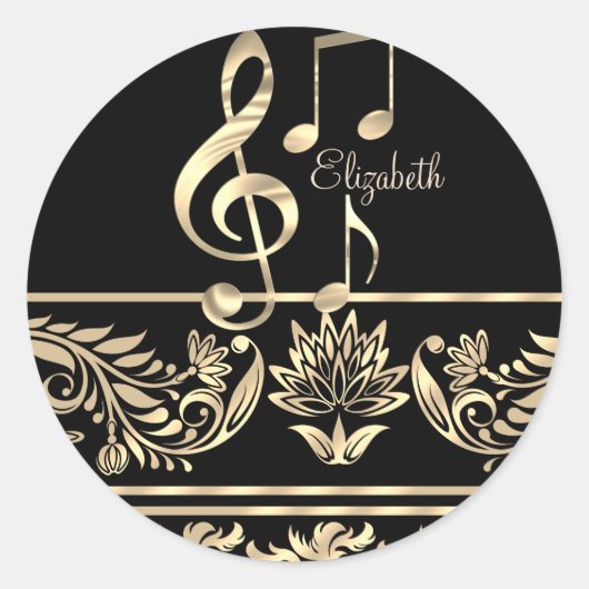 Elegant Gold Floral, Violin Key, Opmerking Ronde Sticker (Voorkant)