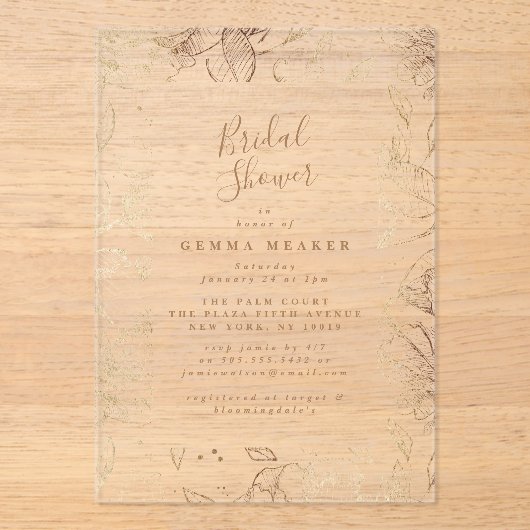 Elegant Gold Floral Vrijgezellenfeest Acryl Uitnodigingen (Voorkant)
