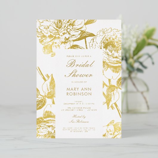 Elegant Gold Floral Vrijgezellenfeest Folie Uitnodiging (Staand Voorkant)