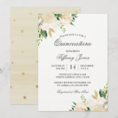Elegant Gold Floral Waterverf Quinceanera Kaart (Voorkant / Achterkant)