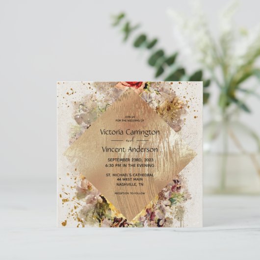 Elegant Gold Floral Waterverf Rustic Wedding Kaart (Staand voorkant)