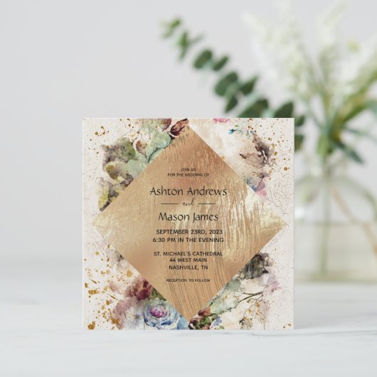 Elegant Gold Floral Waterverf Rustic Wedding Kaart (Staand voorkant)