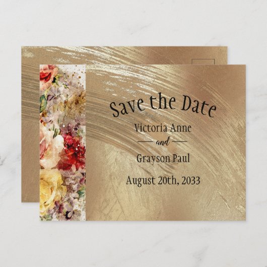 Elegant Gold Floral Waterverf Sparen de Datum Aankondigingskaart (Voorkant / Achterkant)