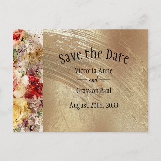 Elegant Gold Floral Waterverf Sparen de Datum Aankondigingskaart (Voorkant)