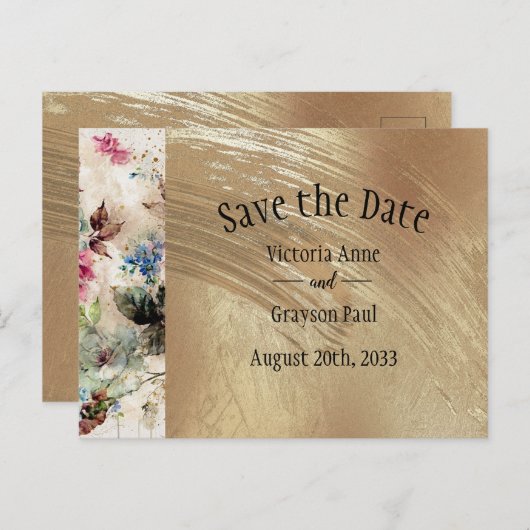Elegant Gold Floral Waterverf Sparen de Datum Aankondigingskaart (Voorkant / Achterkant)