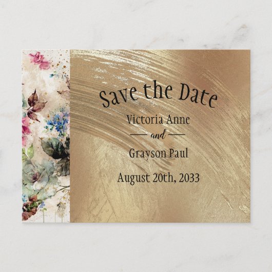 Elegant Gold Floral Waterverf Sparen de Datum Aankondigingskaart (Voorkant)