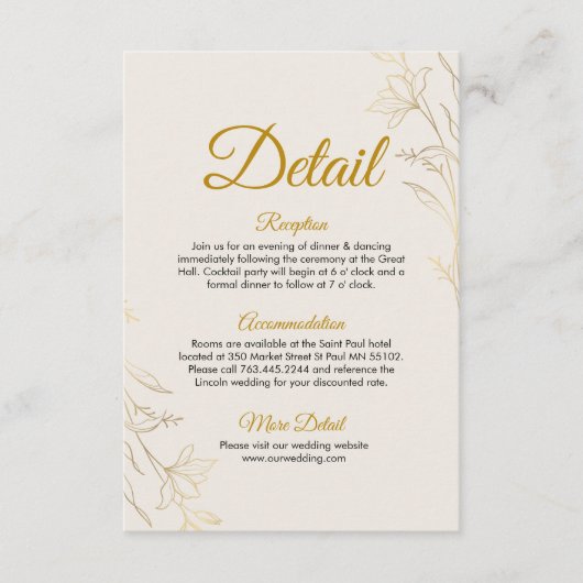 Elegant Gold Floral Wedding Details Enclosure Card Informatiekaartje (Voorkant)