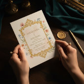 Elegant Gold Floral Wedding Invitation Frame Kaart