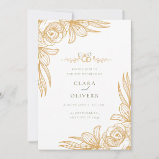 Elegant Gold Floral Wedding Invitation Kaart