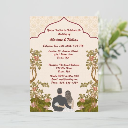 Elegant Gold Floral Wedding Invitation Kaart (Staand voorkant)