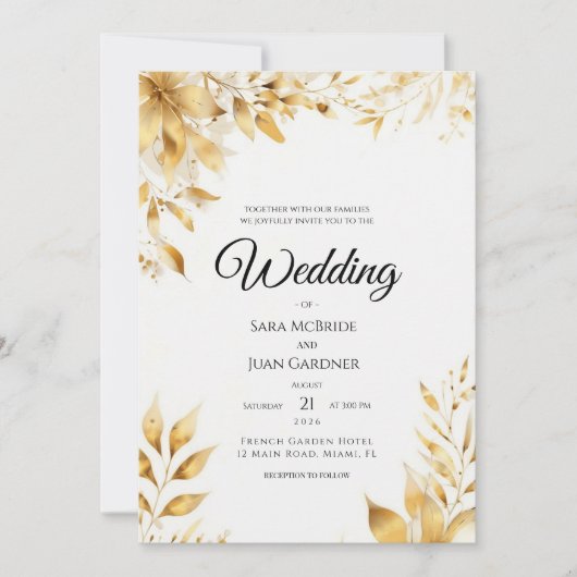 Elegant Gold Floral Wedding Invitation Kaart (Voorkant)