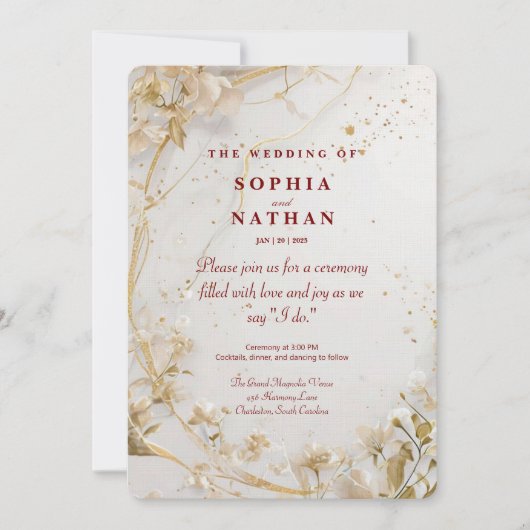 Elegant Gold Floral Wedding Invitation Kaart (Voorkant)