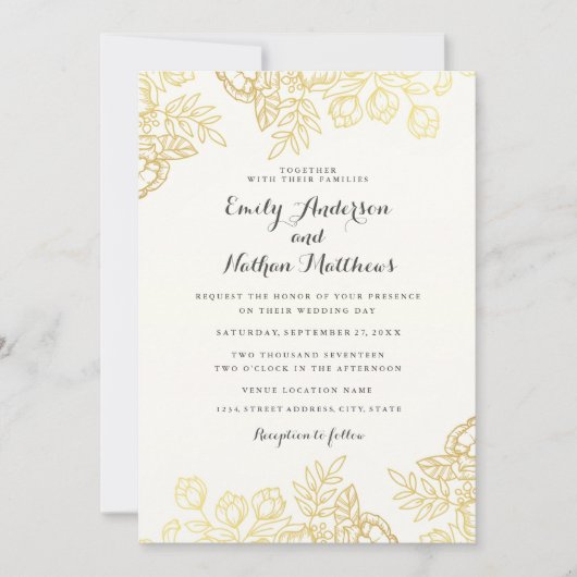 Elegant Gold  Floral Wedding Invitation Kaart (Voorkant)
