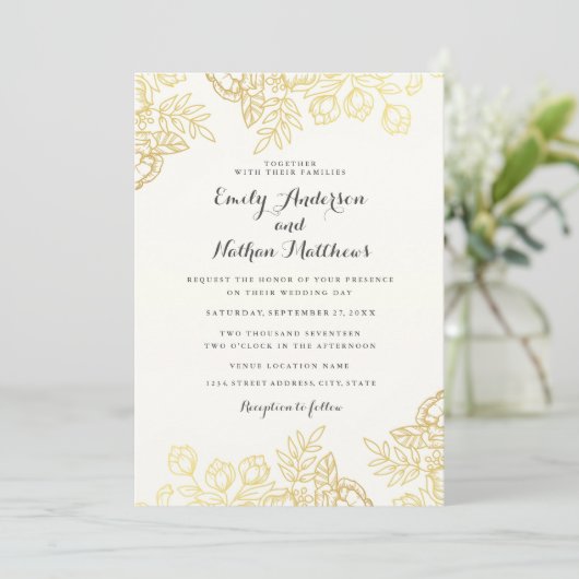 Elegant Gold  Floral Wedding Invitation Kaart (Staand voorkant)