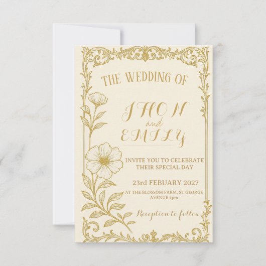 Elegant Gold Floral Wedding Invitation  Kaart (Voorkant)