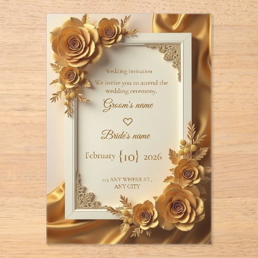 Elegant Gold Floral Wedding Invitation with Luxury Acryl Uitnodigingen (Voorkant)