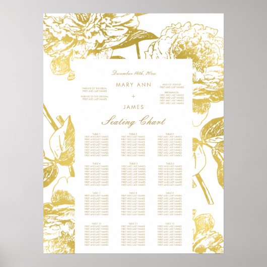 Elegant Gold Floral Wedding Seating Chart Poster (Voorkant)