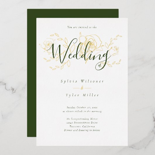 Elegant Gold Floral White Green Wedding Folie Uitnodiging (Voorkant / Achterkant)