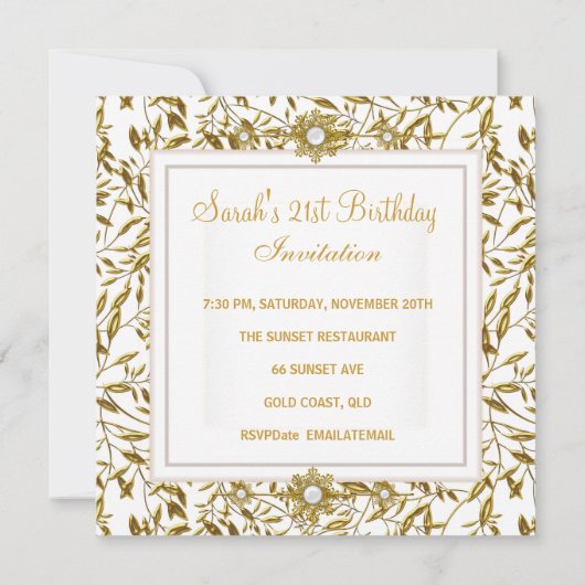 Elegant Gold Floral White Jewel 21st Birthday 2 Kaart (Achterkant)