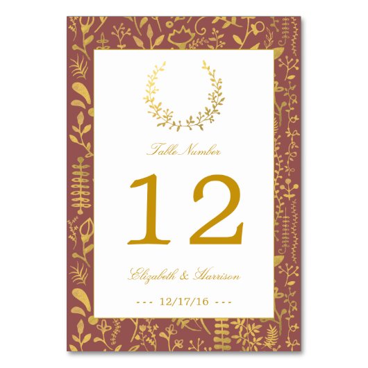 Elegant Gold Floral Wreated Wedding Table Number Kaart (Voorkant)