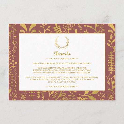 Elegant Gold Floral Wreath Wedding Detail Informatiekaartje (Voorkant)
