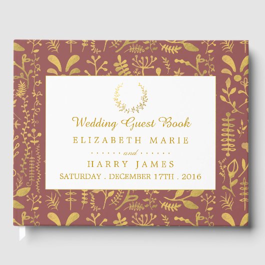 Elegant Gold Floral Wreath Wedding Gastenboek (Voorkant)