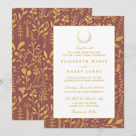 Elegant Gold Floral Wreath Wedding Kaart (Voorkant / Achterkant)