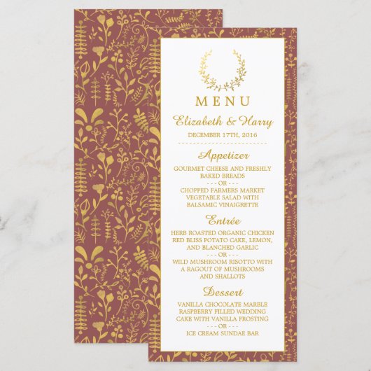 Elegant Gold Floral Wreath Wedding Menu (Voorkant / Achterkant)