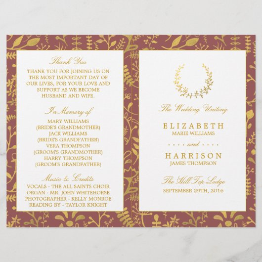 Elegant Gold Floral Wreath Wedding Program (Voorkant)