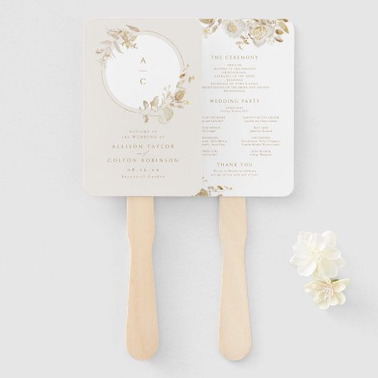 Elegant Gold Floral Wreath Wedding Program Handwaaier (Voorkant en achterkant)