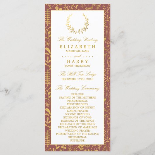 Elegant Gold Floral Wreath Wedding Program Programmakaart (Voorkant)
