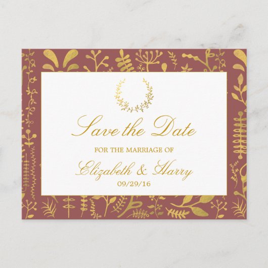 Elegant Gold Floral Wreath Wedding Save the Date Aankondigingskaart (Voorkant)