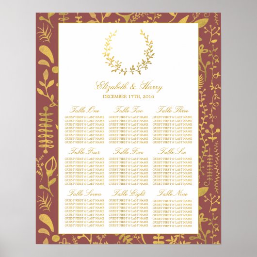 Elegant Gold Floral Wreath Wedding Seating Chart Poster (Voorkant)