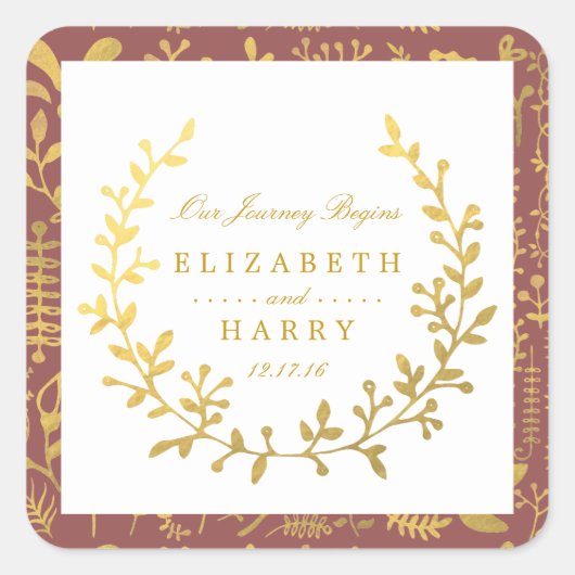 Elegant Gold Floral Wreath Wedding Vierkante Sticker (Voorkant)