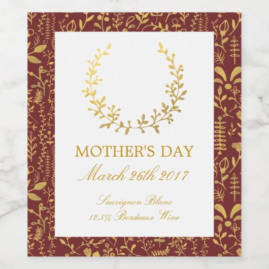 Elegant Gold Floral Wreator Moederdag Wijn Etiket (Enkel label)