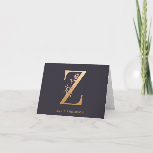 Elegant Gold Floral Z Monogram afbeelding op maat Notitiekaartje (Voorkant)