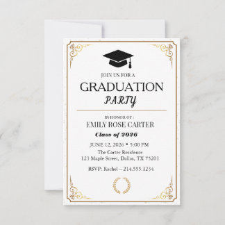 Elegant Gold Flourish Black Graduation Party  Kaart