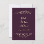 Elegant Gold Flourish Damask Eggplant RSVP (Voorkant)