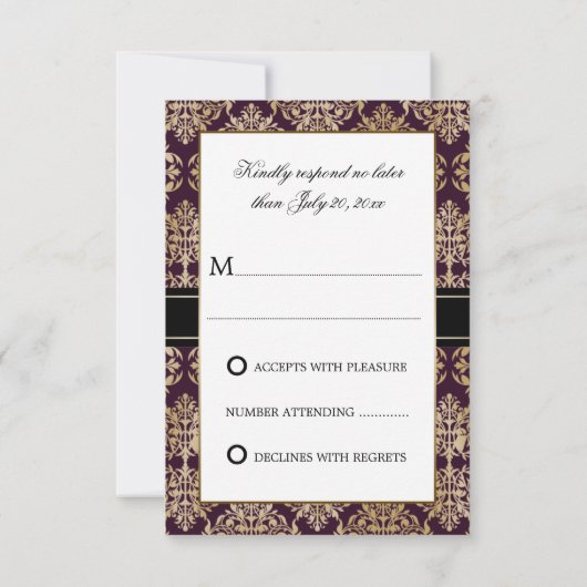 Elegant Gold Flourish Damask Eggplant RSVP (Achterkant)