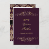 Elegant Gold Flourish Damask Eggplant RSVP (Voorkant / Achterkant)