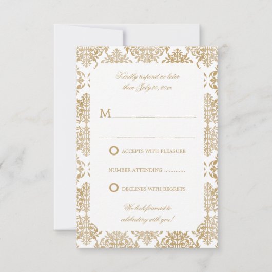 Elegant Gold Flourish Damask RSVP Kaart (Achterkant)