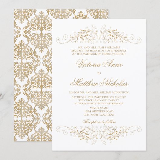 Elegant Gold Flourish en Damask Kaart (Voorkant / Achterkant)