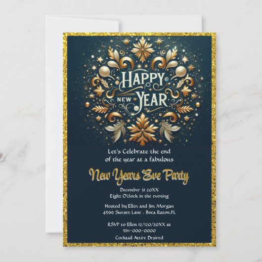 Elegant Gold Flourish New Years Eve Party Kaart (Voorkant)